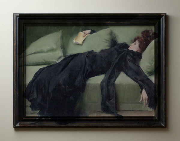 0001 Decadent lady laying on a green sofa. Digitally remastered oil painting by Ellis & Alexander