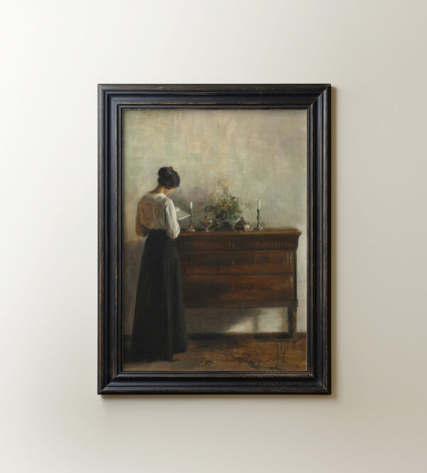 0004 vintage oil painting of a lady at her desk by Ellis & Alexander. Giclee print and bespoke framing