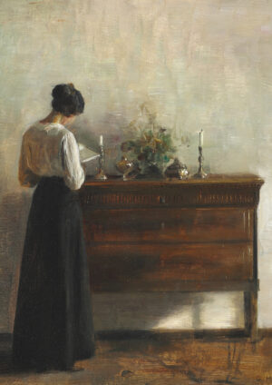 0004 vintage oil painting of a lady at her desk by Ellis & Alexander. Giclee print and bespoke framing