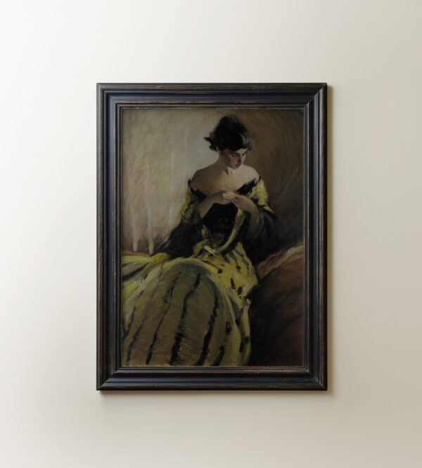 0006 vintage oil sketch wall art of a lady in green from 1900's