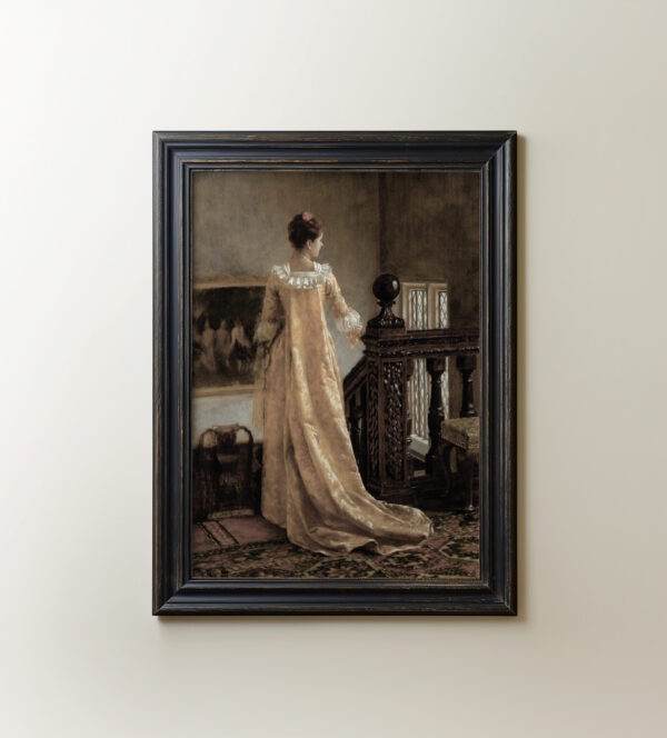 Vintage oil painting giclee print of a french lady in gold.