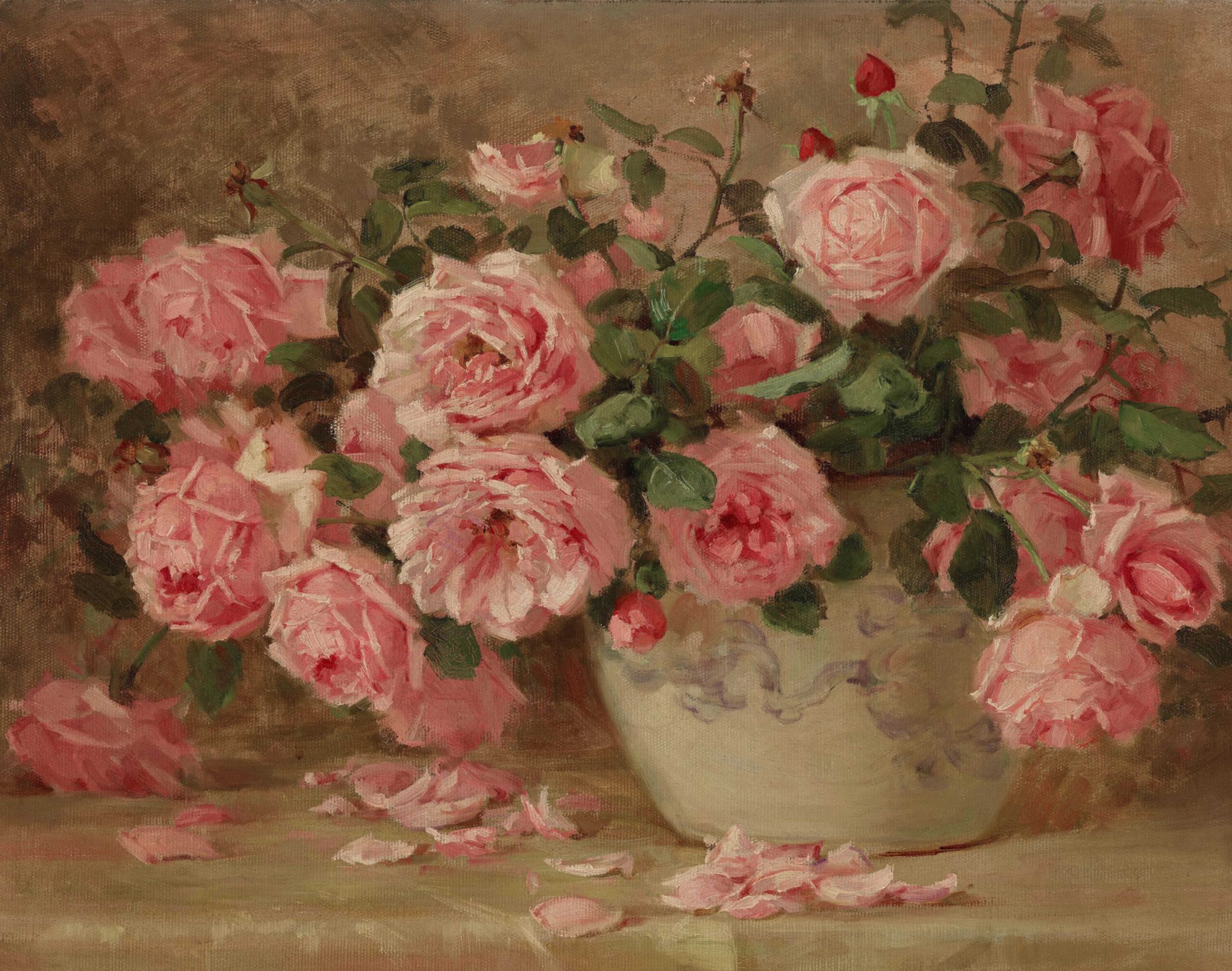 0031 vintage oil painting of pink roses within a vase. Giclee print by Ellis & Alexander