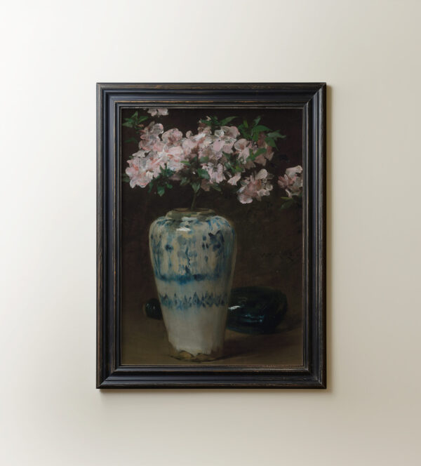 0032 vintage still life oil painting of roses in a blue vase. Giclee printed by Ellis & Alexander