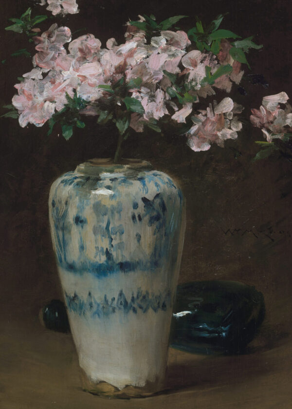 0032 vintage still life oil painting of roses in a blue vase. Giclee printed by Ellis & Alexander