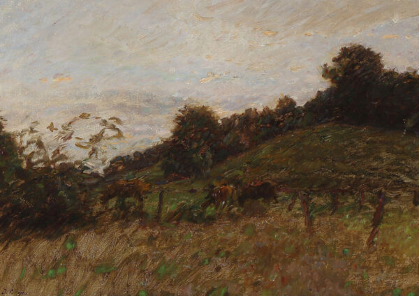 0037 landscape oil painting from 1911 with horses within a field. Giclee printed by Ellis & Alexander