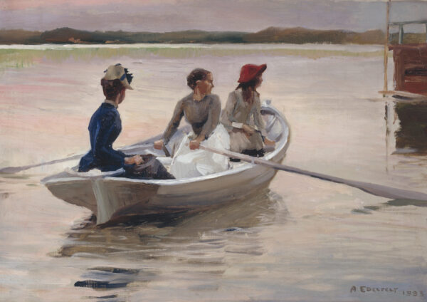 0040 vintage oil painting from late 1800s of three girls in a rowing boat