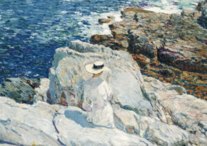 0044 vintage oil painting of a lady looking out to sea by Ellis & Alexander