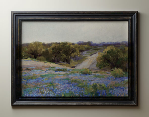 0046 landscape oil painting of a field of blue bonnets taken from early 1900s. Ellis & Alexander