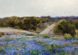 0046 landscape oil painting of a field of blue bonnets taken from early 1900s. Ellis & Alexander