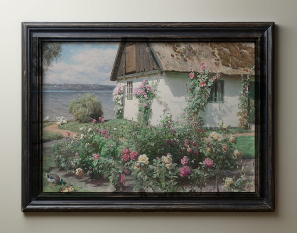 vintage landscape oil painting of a thatched rose cottage. Ellis & Alexander