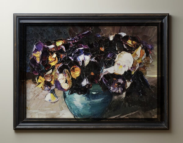 0055 vintage still life oil painting of pansy flowers. Ellis & Alexander