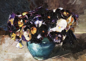 0055 vintage still life oil painting of pansy flowers. Ellis & Alexander