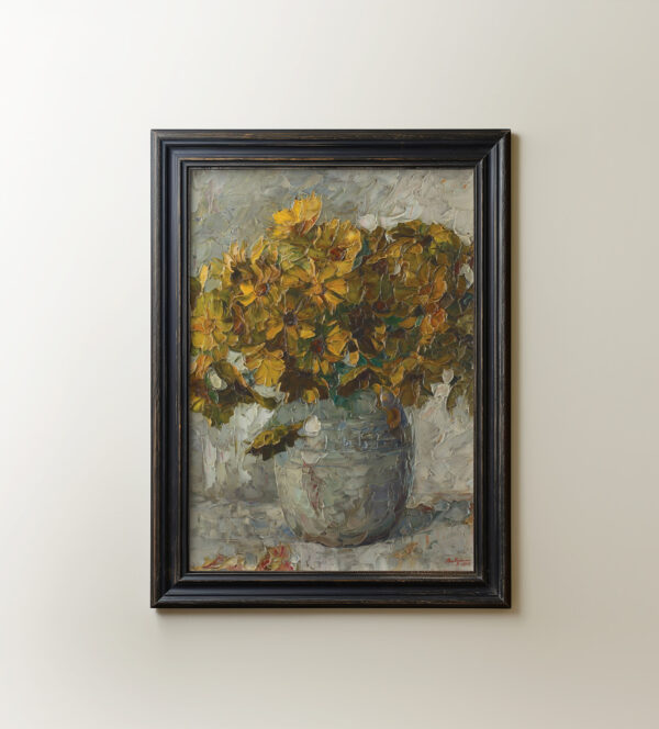 0057 vintage still life painting of yellow flowers within a vase.