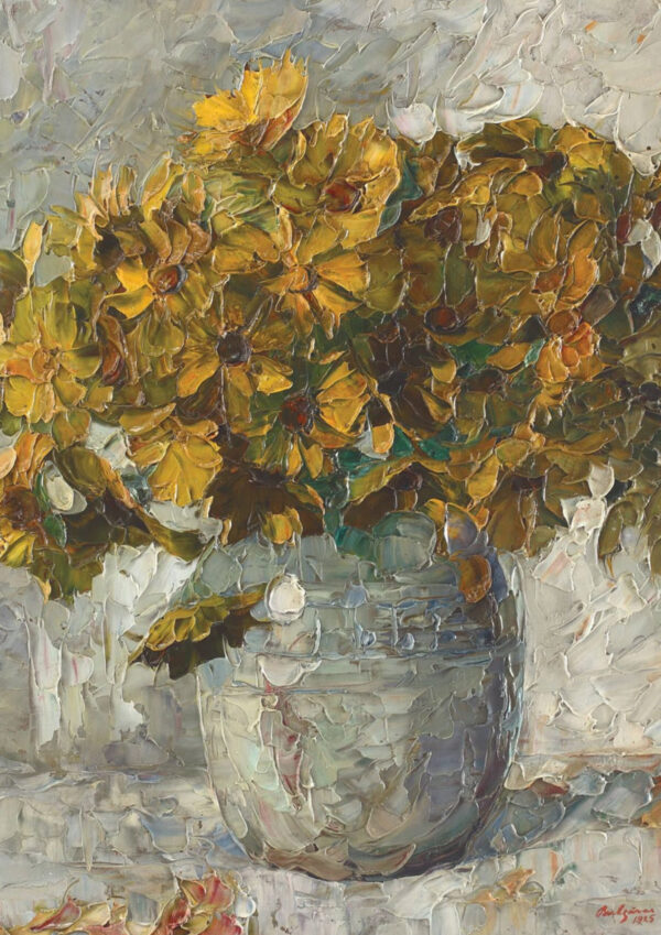 0057 vintage still life painting of yellow flowers within a vase.