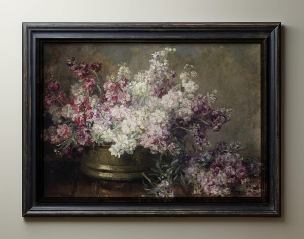 0060 vintage still life painting of lilacflowers within a vase. Ellis & Alexander