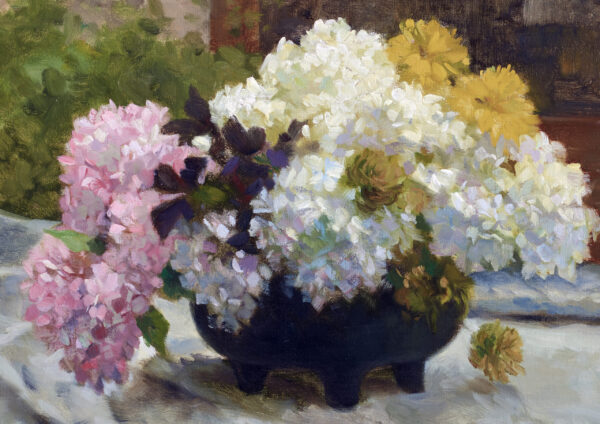 0061 vintage oil painting of hydrangeas within a vase. Giclee printed and digitally remastered by Ellis and Alexander