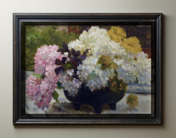 0061 vintage oil painting of hydrangeas within a vase. Giclee printed and digitally remastered by Ellis and Alexander