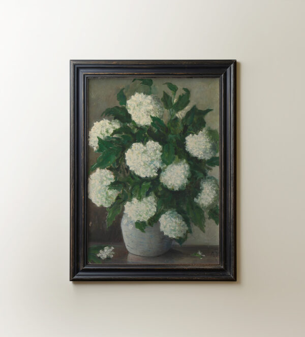 0062 vintage still life painting of hydrangeas within a vase. Ellis & Alexander