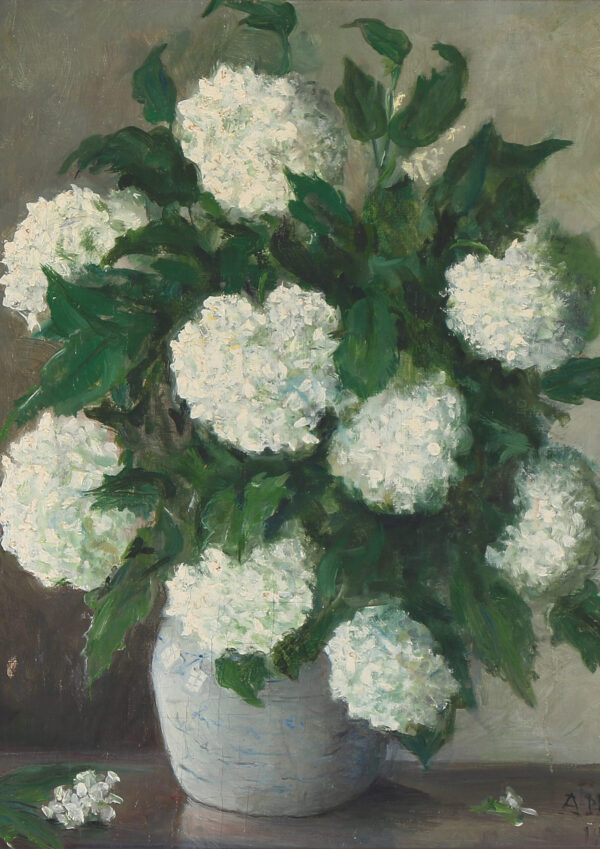 0062 vintage still life painting of hydrangeas within a vase. Ellis & Alexander