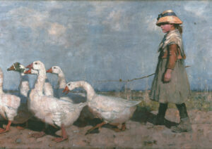 0064 a walk with ducks vintage oil painting. Ellis and alexander