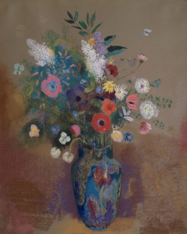 0018 vintage oil painting of flowers within a blue vase.