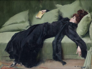 0001 Decadent lady laying on a green sofa. Digitally remastered oil painting by Ellis & Alexander