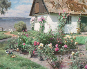 vintage landscape oil painting of a thatched rose cottage. Ellis & Alexander